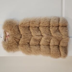 NWT Real Fox Fur Leather Trim Luxurious Long Tan Vest